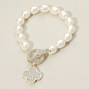 14K Gold Plated CZ Stone Paved Quatrefoil Pearl Beaded Stretch Toggle Bracelet